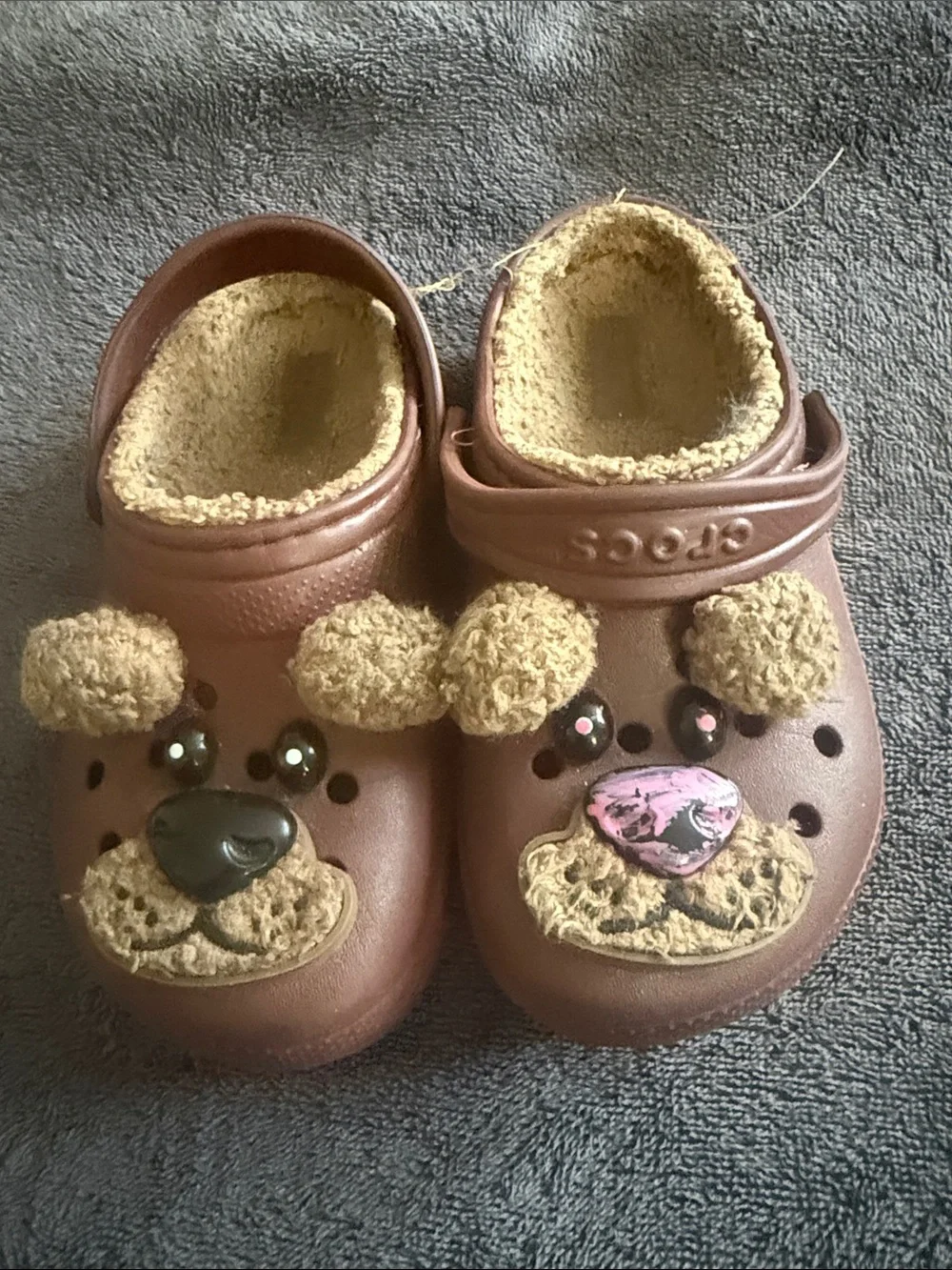 CROCS Kids Brown Bear Lined Clogs with Pink Accent